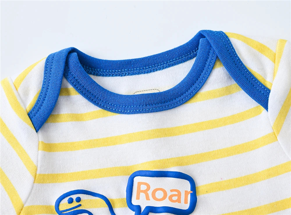 Summer Baby Boy Bodysuit Set – 100% Cotton Dinosaur Print, Short Sleeve, 3 Pcs/Lot