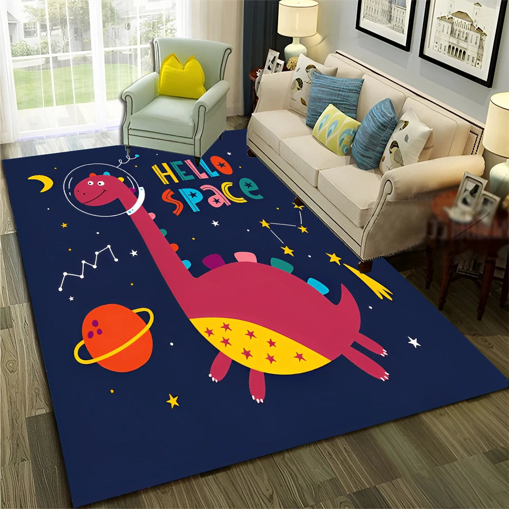 Cute Dinosaur Space Rug for Kids Room, Living Room & Bedroom, Non-Slip Carpet Mat