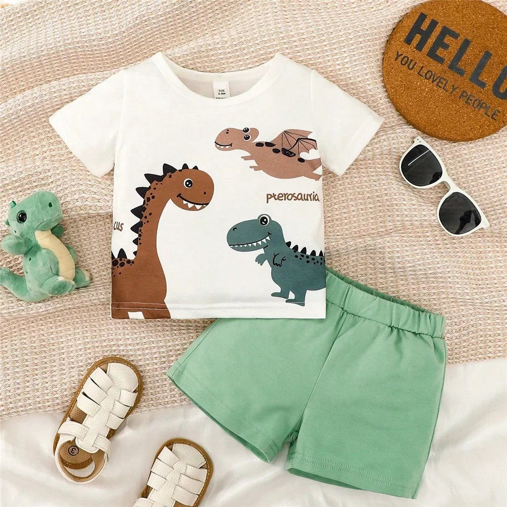 2PCS Summer Toddler Boy Outfit – Short Sleeve Dinosaur Top + Shorts