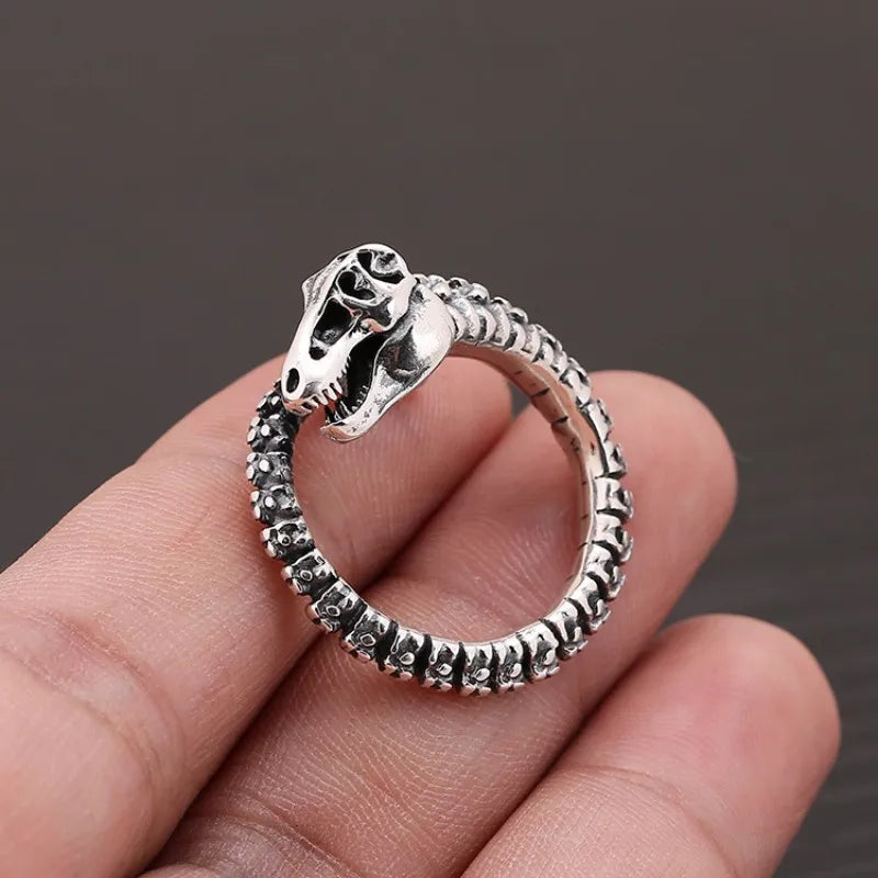 Buyee 925 Sterling Silver Big Ring Finger Cute Black Dinosaur Bone Ring for Woman Man Fashion Unique Punk Fine Jewelry Circle