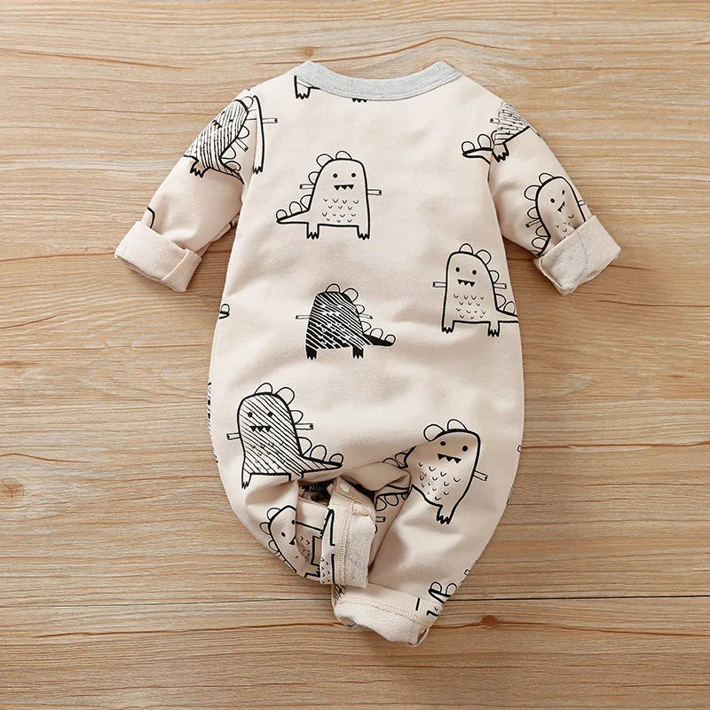 Baby Bodysuit – Cute Dinosaur Print, Cotton, Long Sleeve, Round Neck for Boys and Girls