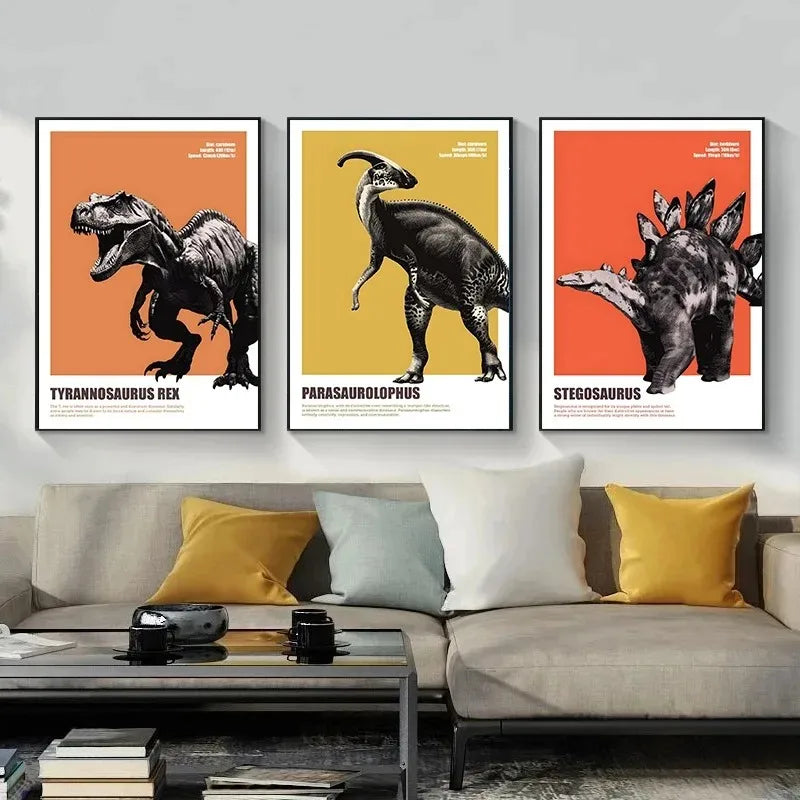Dinosaur Poster Prints - Brachiosaurus, Stegosaurus, Triceratops Canvas Wall Art for Kids Nursery & Living Room Decor
