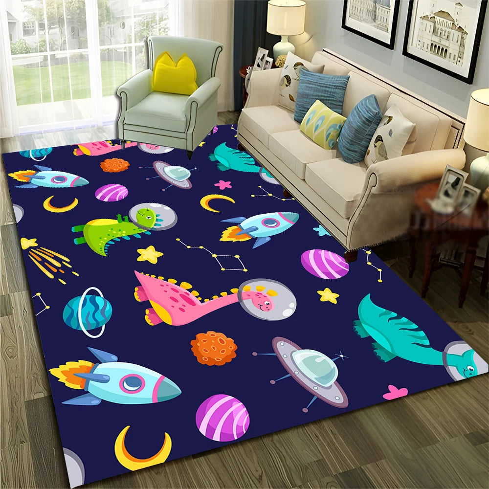 Cute Dinosaur Space Rug for Kids Room, Living Room & Bedroom, Non-Slip Carpet Mat