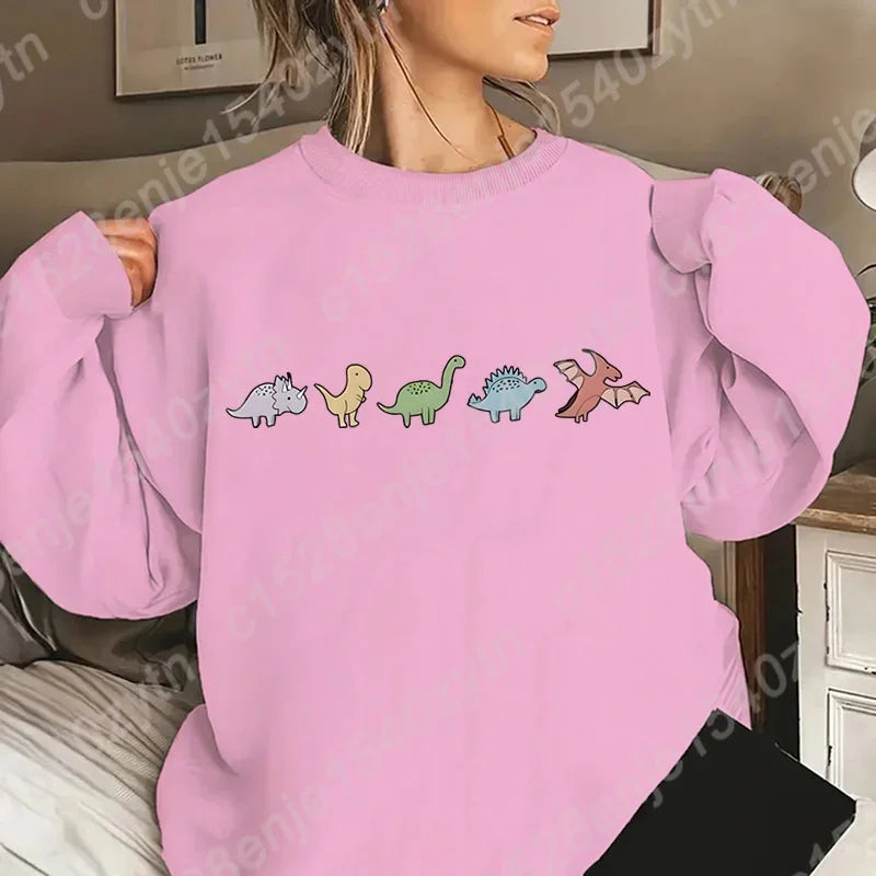 Dinosaur Print Pullover Sweatshirt, Casual Long Sleeve Crew Neck, Oversized Women's Sweatshirt