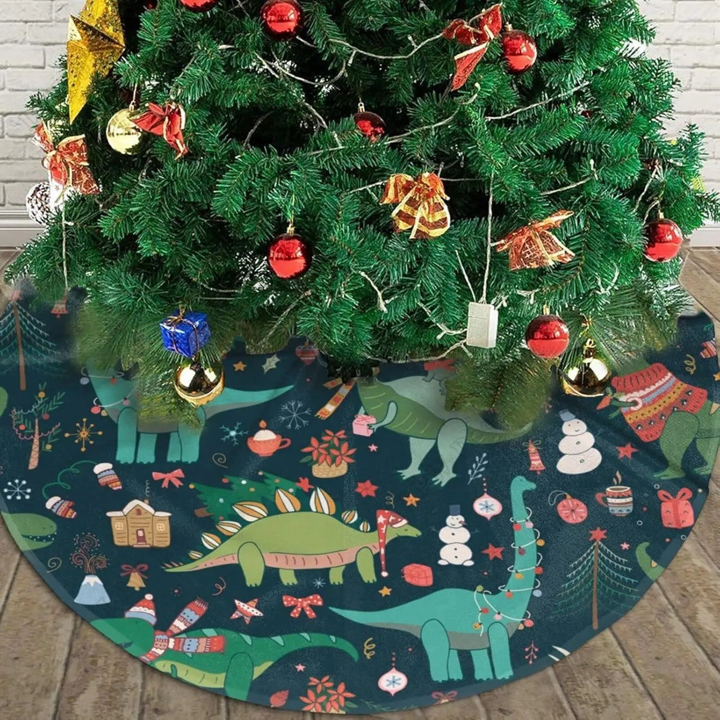 Christmas Tree Skirt 48 Inches Dinosaur Decorations for for Farmhouse Holiday New Year Party Circle Tree Mat Ornaments