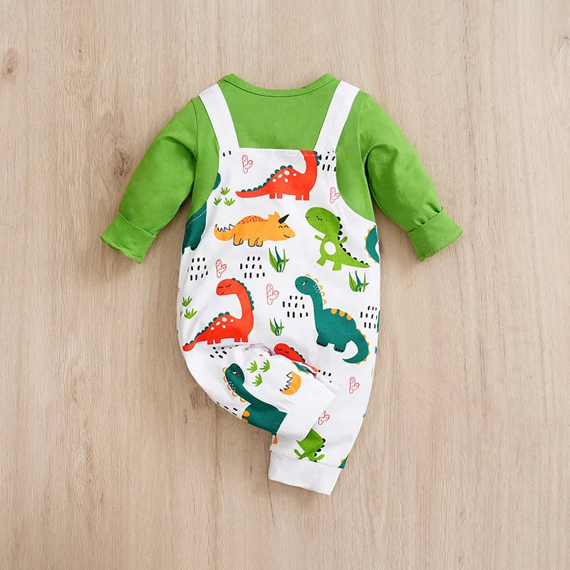 Spring & Autumn Baby Bodysuit – Cute Dinosaur Print, Cotton, Long Sleeve for Boys and Girls