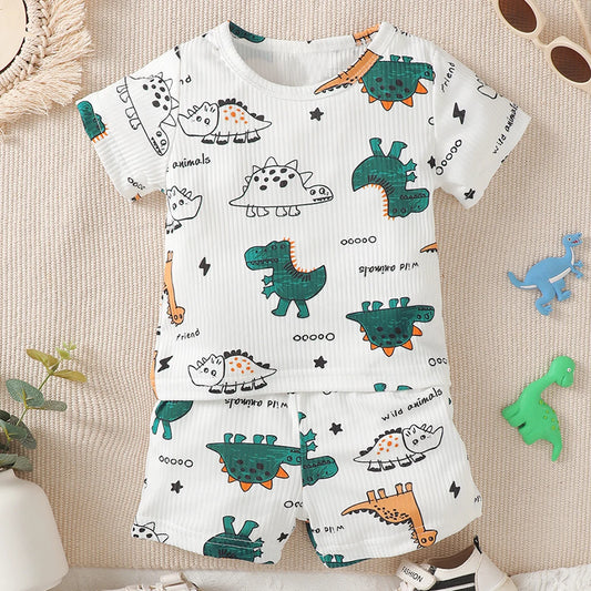 Summer Dinosaur & Letter Print T-Shirt and Shorts Set for Boys and Girls