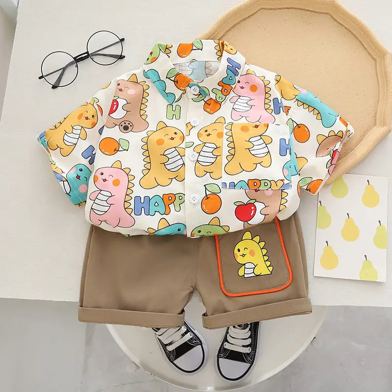 Cartoon Dinosaur 2-Piece Set for Kids – Short Sleeve Shirt & Pants Toddler Tracksuit