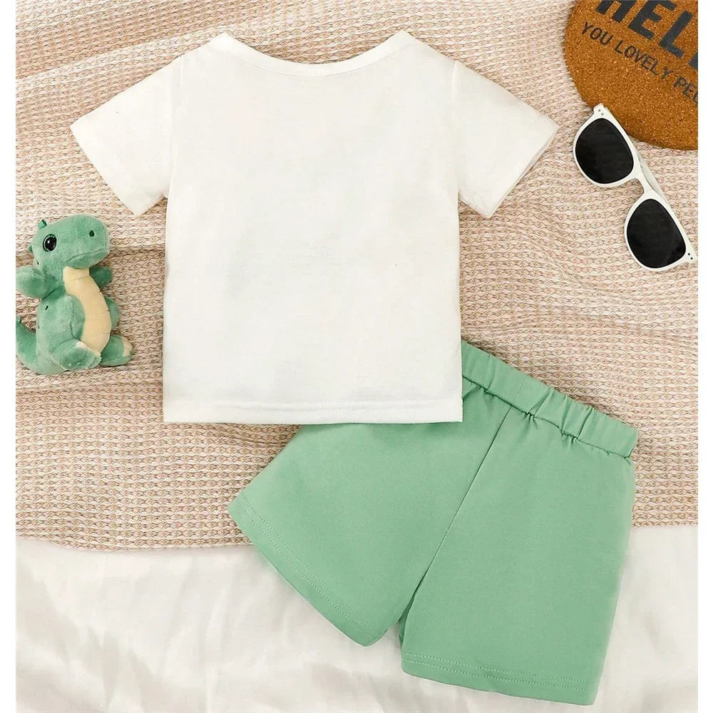 2PCS Summer Toddler Boy Outfit – Short Sleeve Dinosaur Top + Shorts
