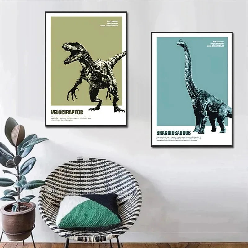 Dinosaur Poster Prints - Brachiosaurus, Stegosaurus, Triceratops Canvas Wall Art for Kids Nursery & Living Room Decor