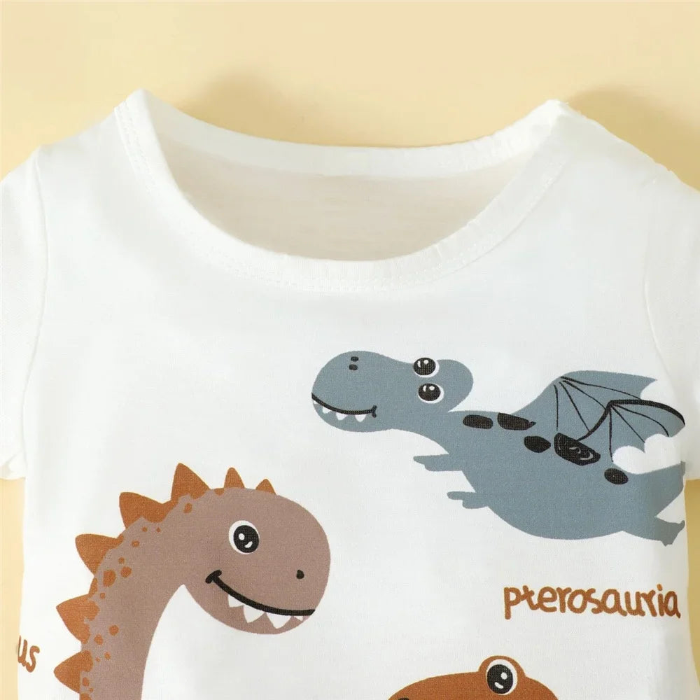2PCS Summer Toddler Boy Outfit – Short Sleeve Dinosaur Top + Shorts