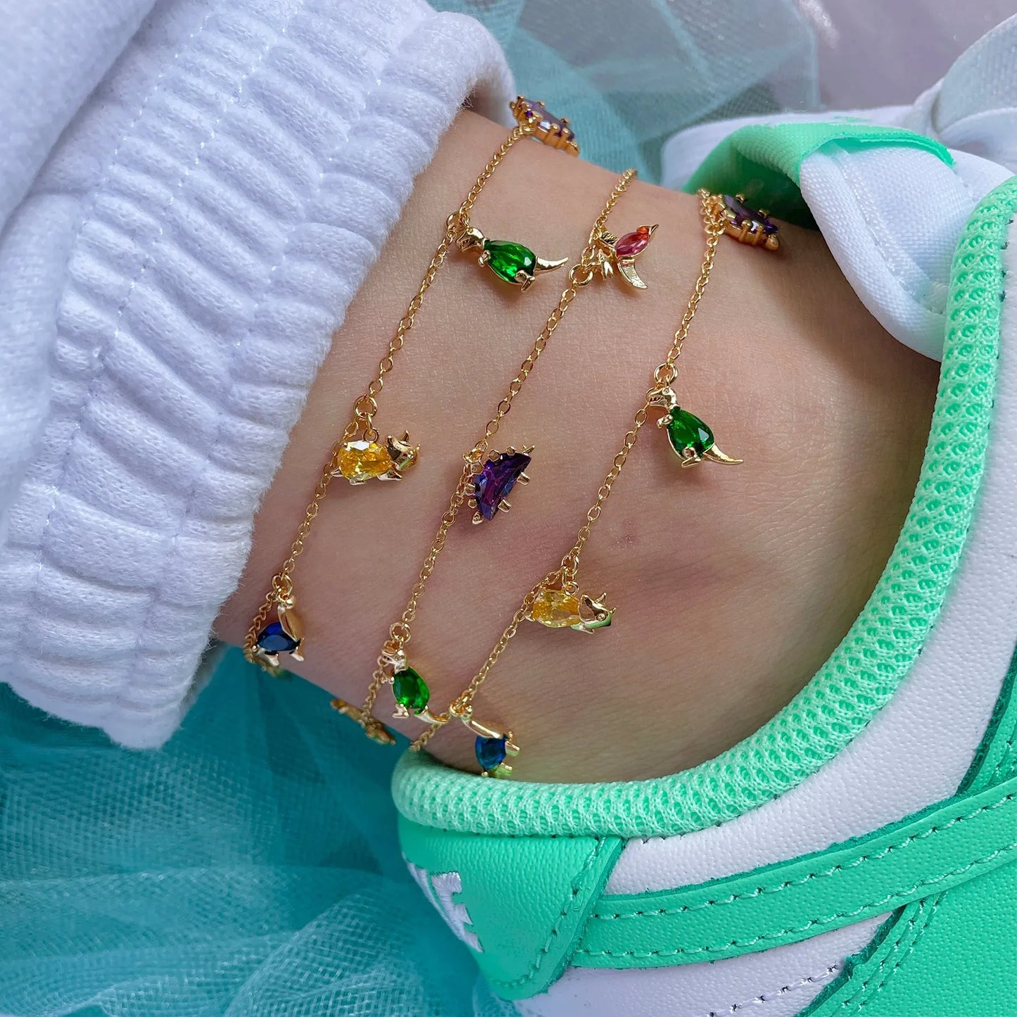 Ins Cute Small Colorful Zircon Dinosaur Pendant Bracelet For Women Girls Fashion Jewelry Statement Gifts
