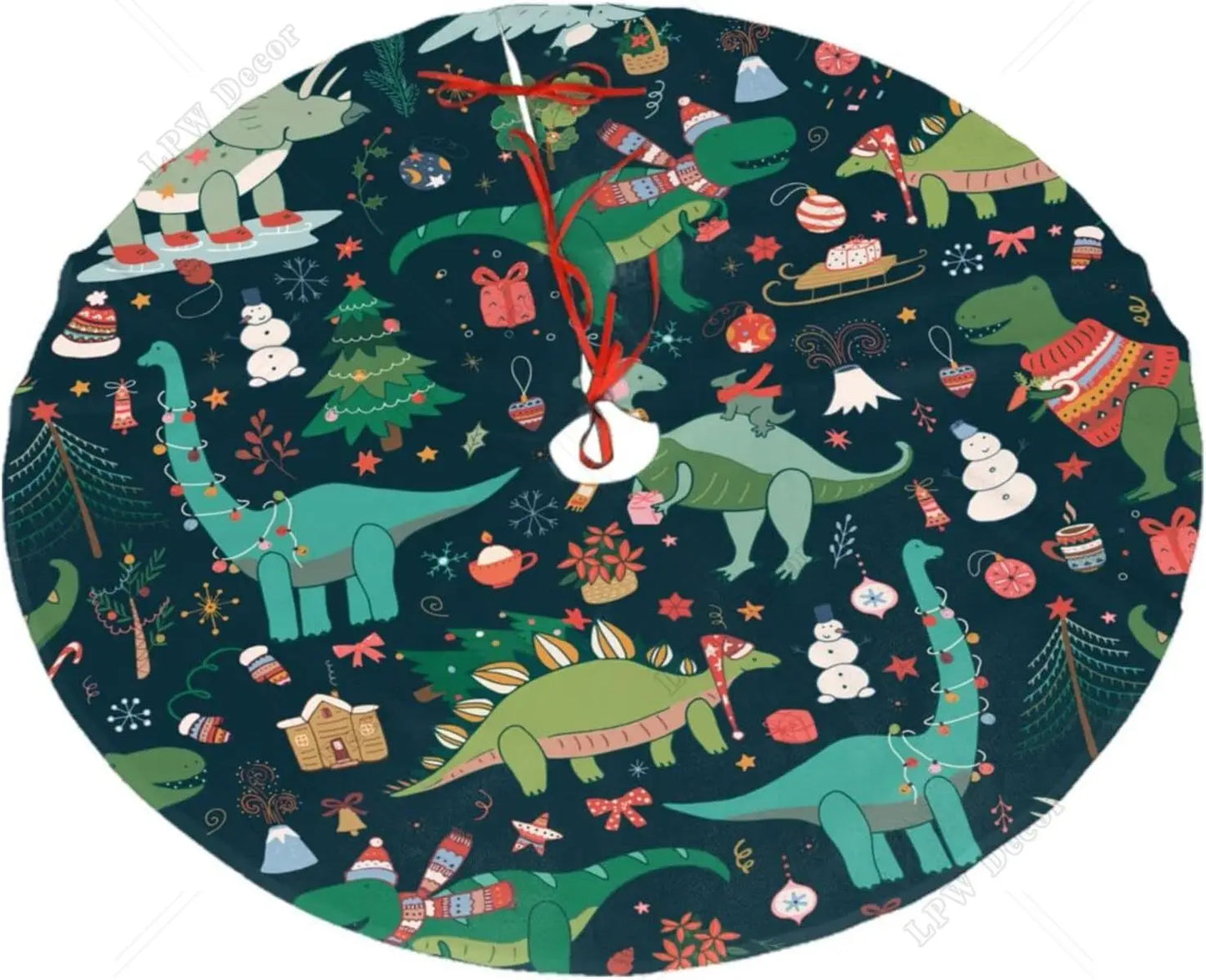 Christmas Tree Skirt 48 Inches Dinosaur Decorations for for Farmhouse Holiday New Year Party Circle Tree Mat Ornaments