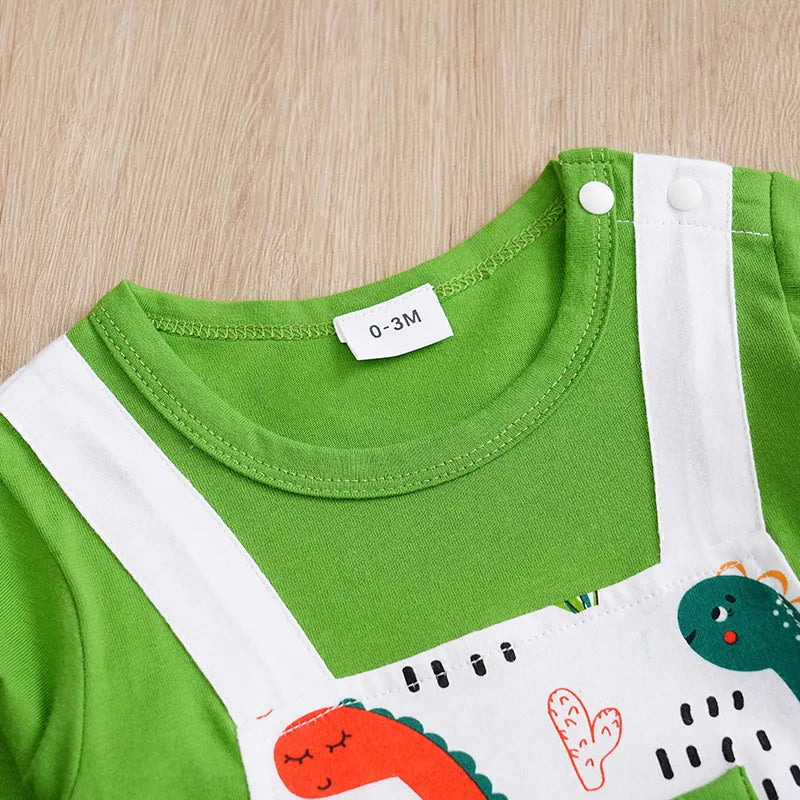 Spring & Autumn Baby Bodysuit – Cute Dinosaur Print, Cotton, Long Sleeve for Boys and Girls