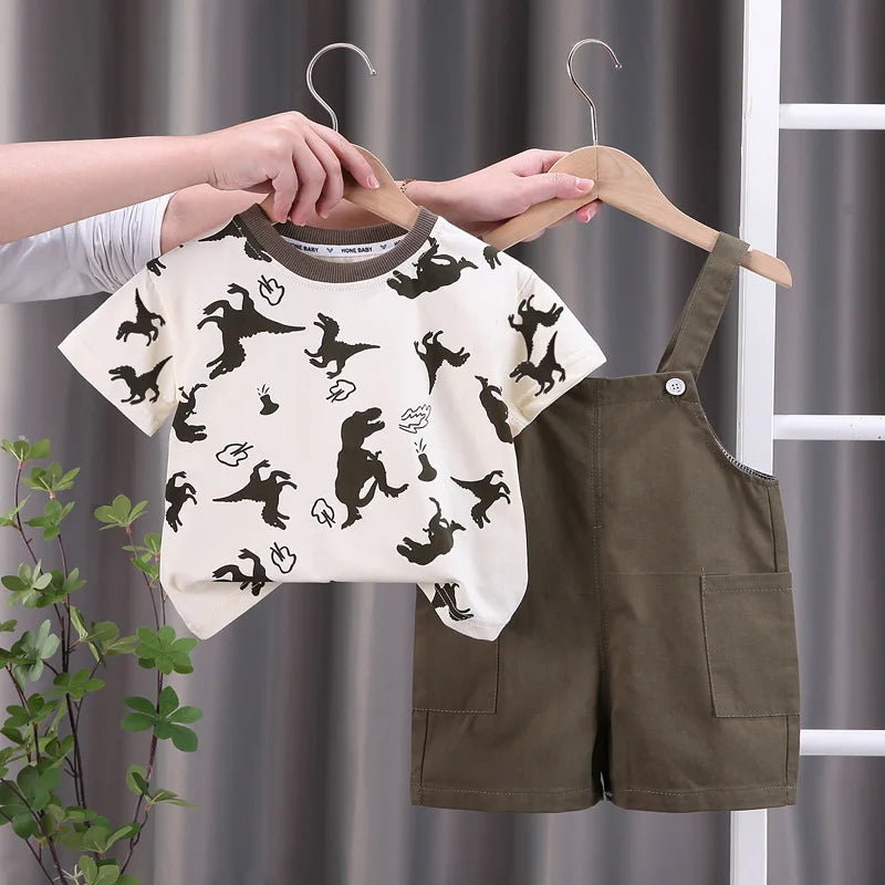 Summer Baby Boys Dinosaur Print 2-Piece Clothing Set – T-Shirt & Overalls