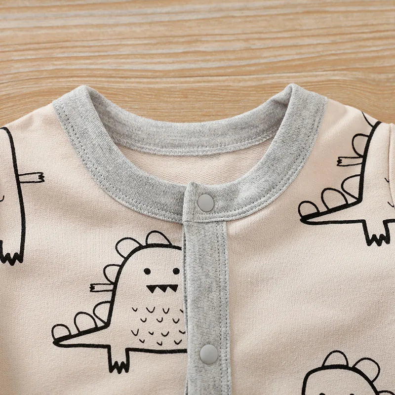 Baby Bodysuit – Cute Dinosaur Print, Cotton, Long Sleeve, Round Neck for Boys and Girls