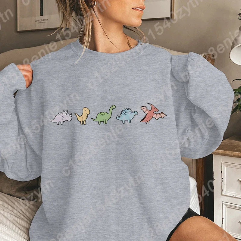 Dinosaur Print Pullover Sweatshirt, Casual Long Sleeve Crew Neck, Oversized Women's Sweatshirt