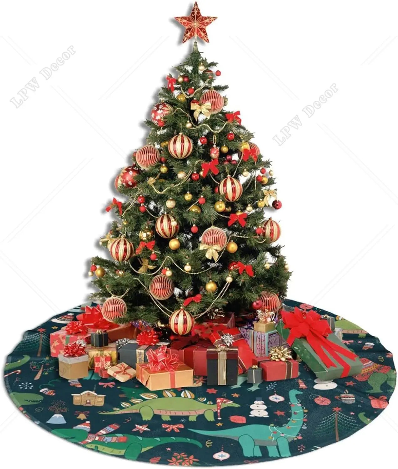 Christmas Tree Skirt 48 Inches Dinosaur Decorations for for Farmhouse Holiday New Year Party Circle Tree Mat Ornaments