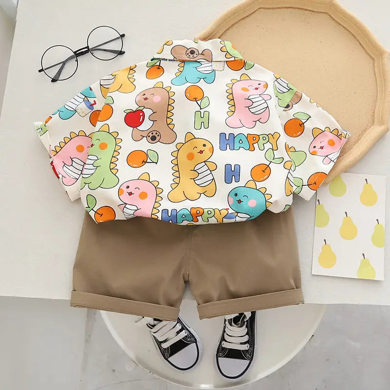 Cartoon Dinosaur 2-Piece Set for Kids – Short Sleeve Shirt & Pants Toddler Tracksuit