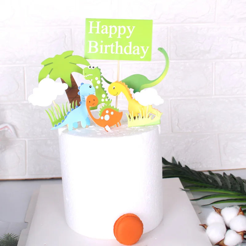 Dinosaur Cake Topper with Coconut Tree – Happy Birthday Cupcake Decoration for Kids Parties, Baby Showers & Cake Supplies