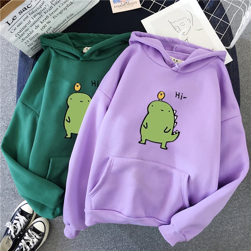 Kawaii Dinosaur Print Hoodie - Oversized Women’s Winter Sweatshirt