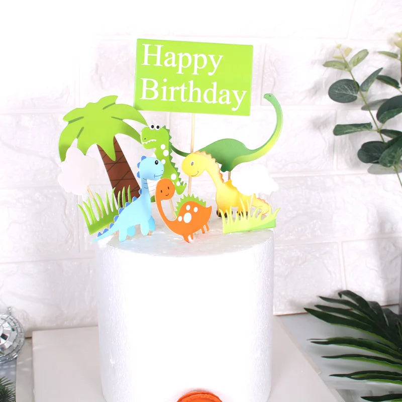 Dinosaur Cake Topper with Coconut Tree – Happy Birthday Cupcake Decoration for Kids Parties, Baby Showers & Cake Supplies