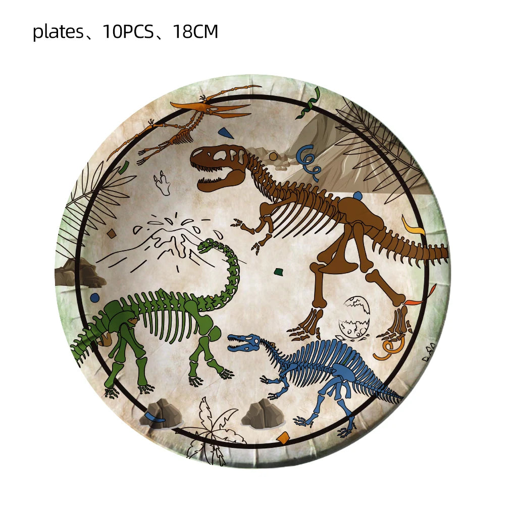 Dinosaur Toy Fossil Children’s Birthday Party Tableware And Decorative Disposable Items Paw Print Balloon Spiral Plate