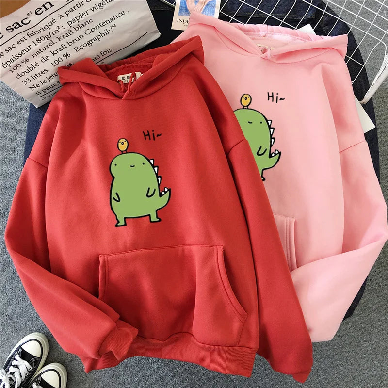 Kawaii Dinosaur Print Hoodie - Oversized Women’s Winter Sweatshirt