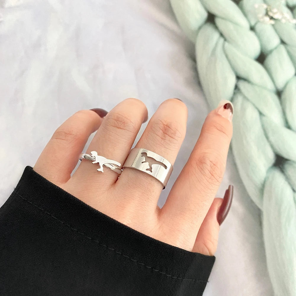 Trendy Silver Color Dinosaur Rings For Women Men Lover Couple Rings Set Friendship Engagement Wedding Open Rings 2021 Jewelry