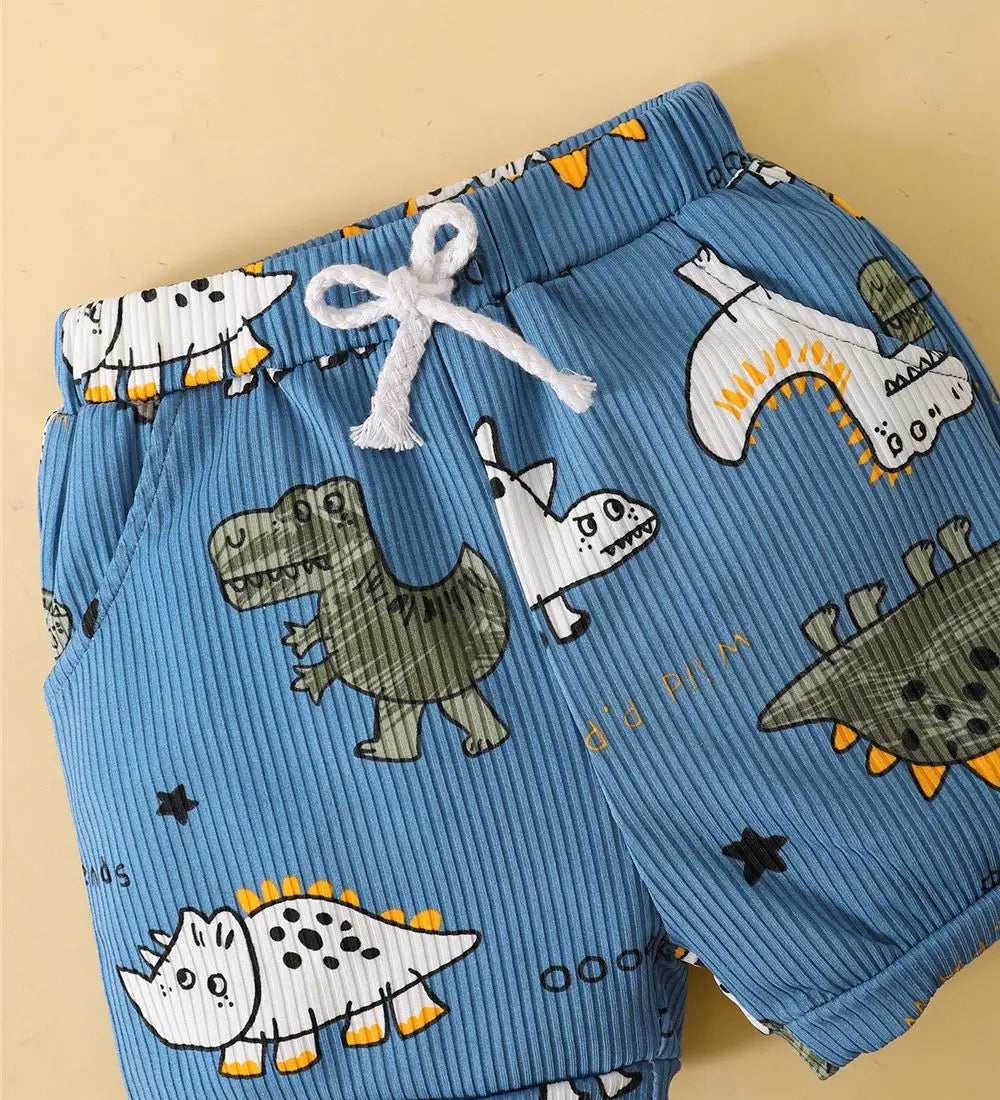 0-3 Years Toddler Baby Boy 2PCS Clothes Set Cartoon Dinosaur Blue Sleeveless Shirt+ Shorts Cute Style Soft Summer Daily Wear