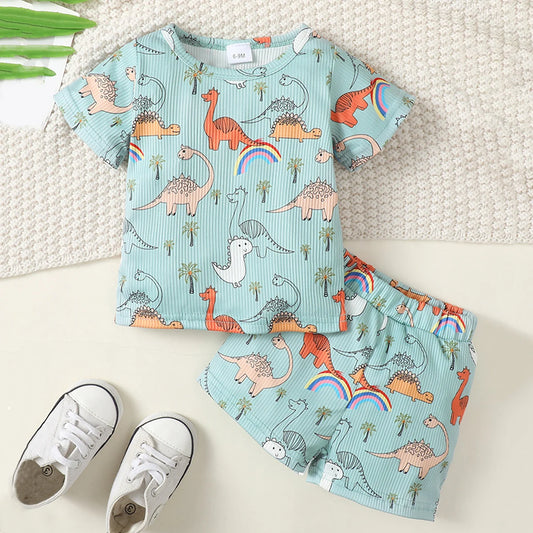 2pcs Baby Boys Cute Dinosaur And Tiger Graphic Print T-shirt & Shorts Set Clothes