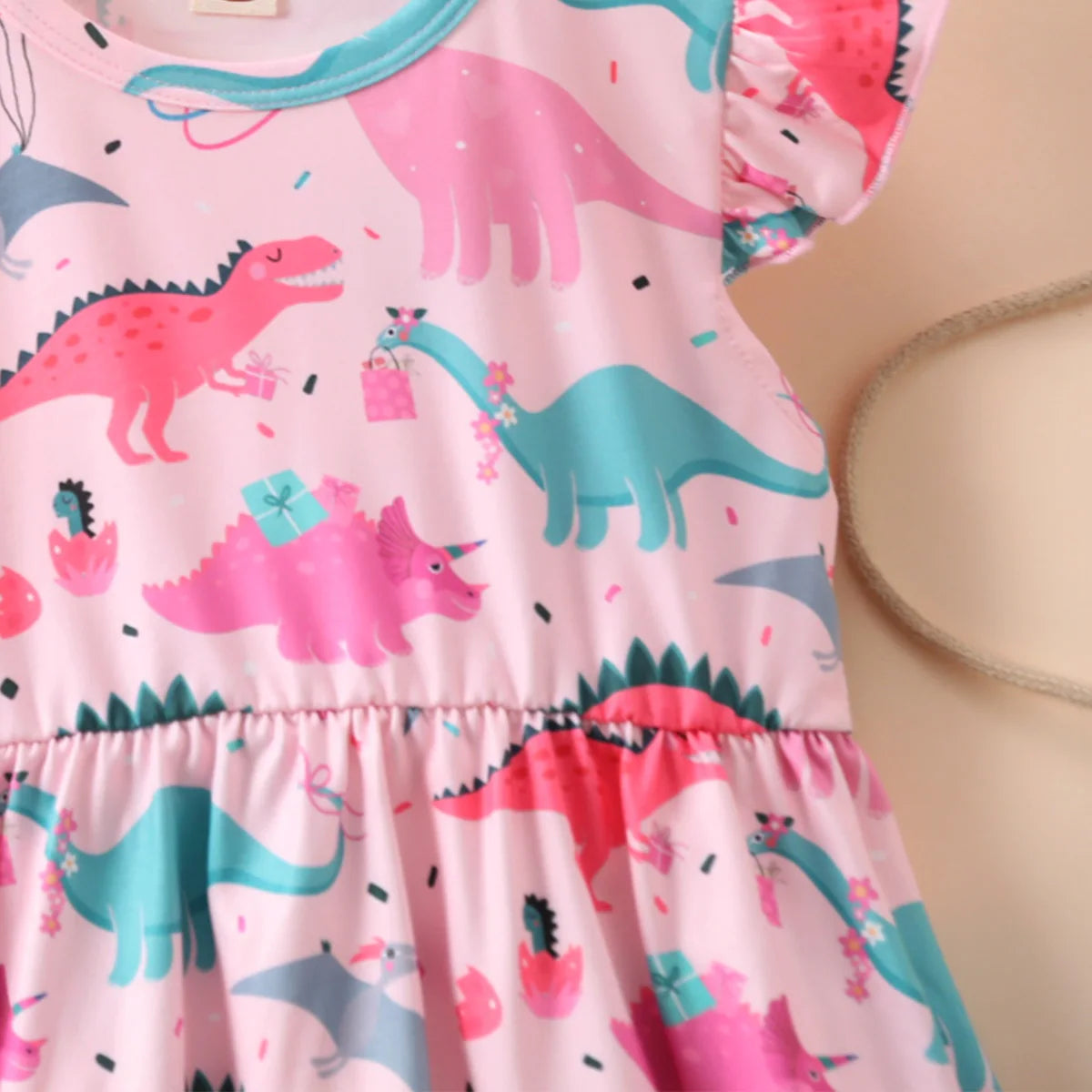 Pink Girl Dresses Dinosaur Print Flying Sleeve Summer Dress 2-8 Years