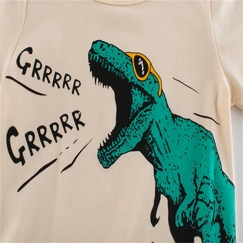 Jumping Meters Children's Summer T Shirts Dinosaur Print Hot Selling Short Sleeve Cartoon Toddler Tees Tops Boys Girls Clothing