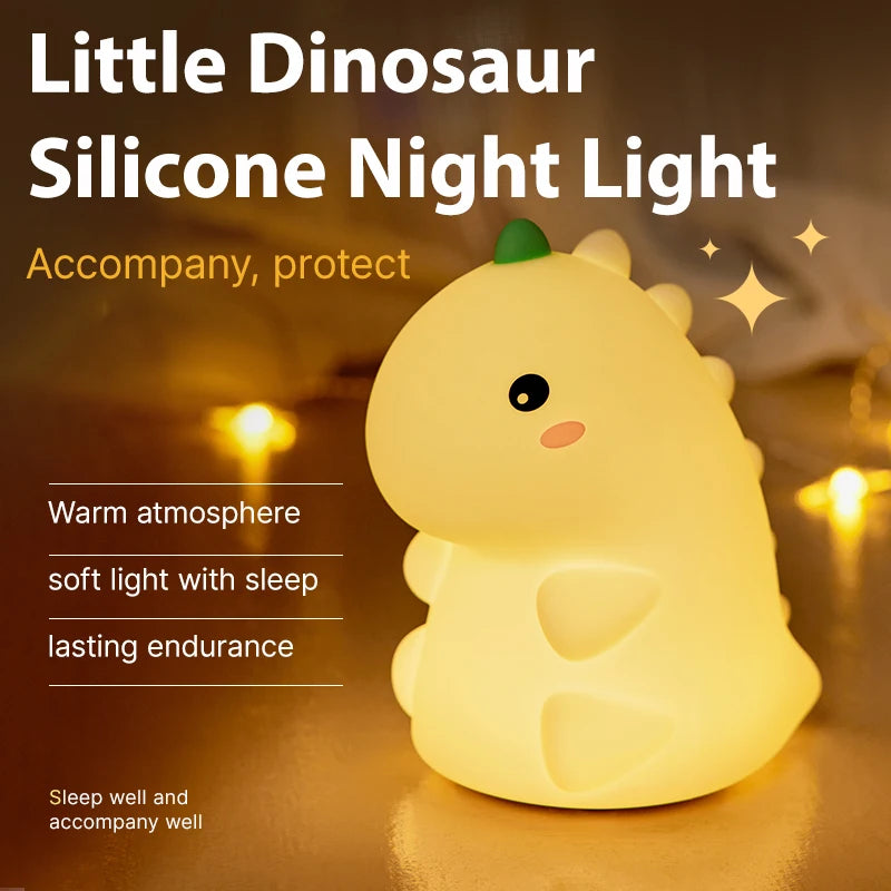 LED Dinosaur Silicone Night Light – USB Rechargeable, Timing Bedside Lamp