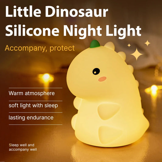 LED Dinosaur Silicone Night Light – USB Rechargeable, Timing Bedside Lamp