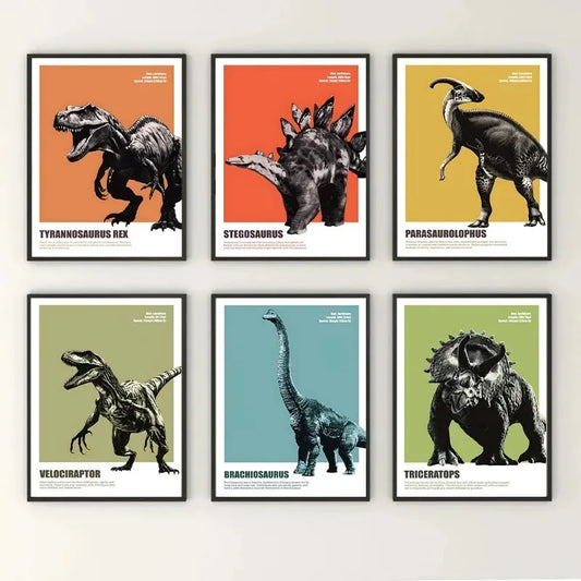 Dinosaur Poster Prints - Brachiosaurus, Stegosaurus, Triceratops Canvas Wall Art for Kids Nursery & Living Room Decor