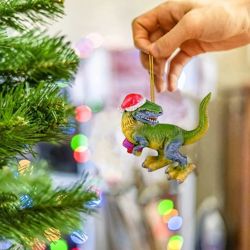 Holiday Ornaments Christmas Tree Decorations Dinosaur in Christmas Hat Figurine Hanging Pendant Gift for Kids