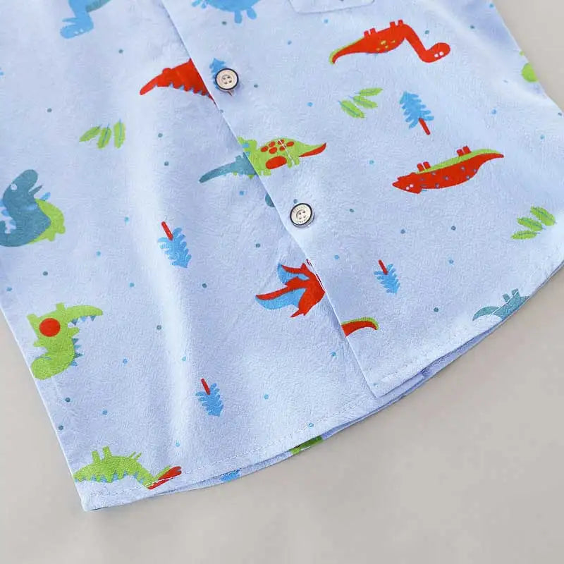 Infants and Toddlers Covered in Printed Cartoon Dinosaur Stand-up Collar Shirt Short Sleeve 2 Piece Set