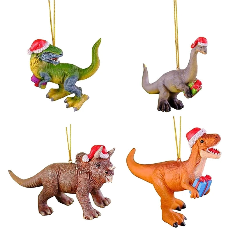 Holiday Ornaments Christmas Tree Decorations Dinosaur in Christmas Hat Figurine Hanging Pendant Gift for Kids