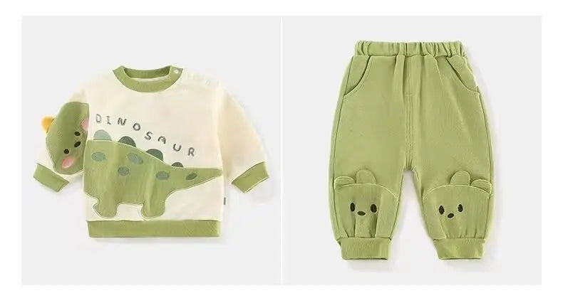 Kids 2-Piece Dinosaur Outfit – Cartoon Hoodie & Green Pants