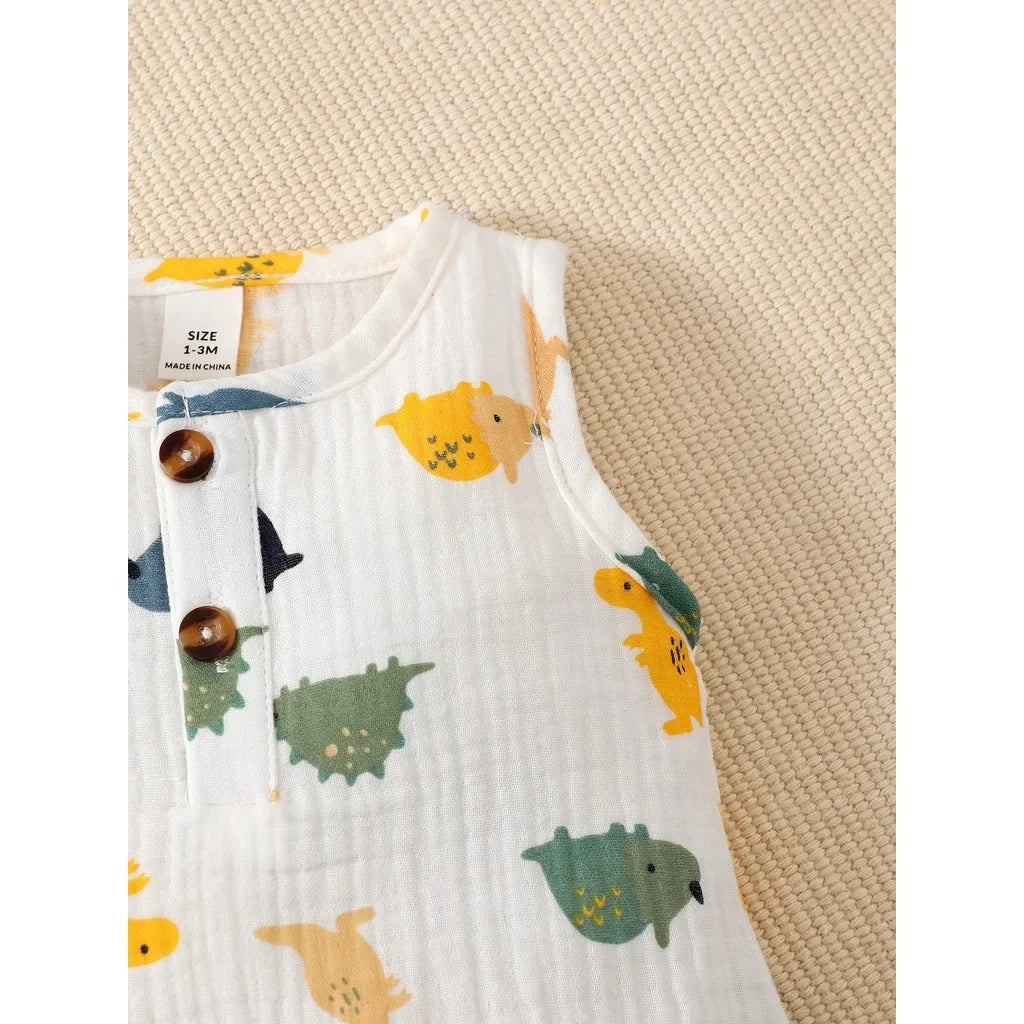 2PCS Clothing Set Newborn Baby Boy Dinosaur Print Sleeveless Bodysuit+Hat Cute Style Summer Photograph Outfit for 0-9 Months