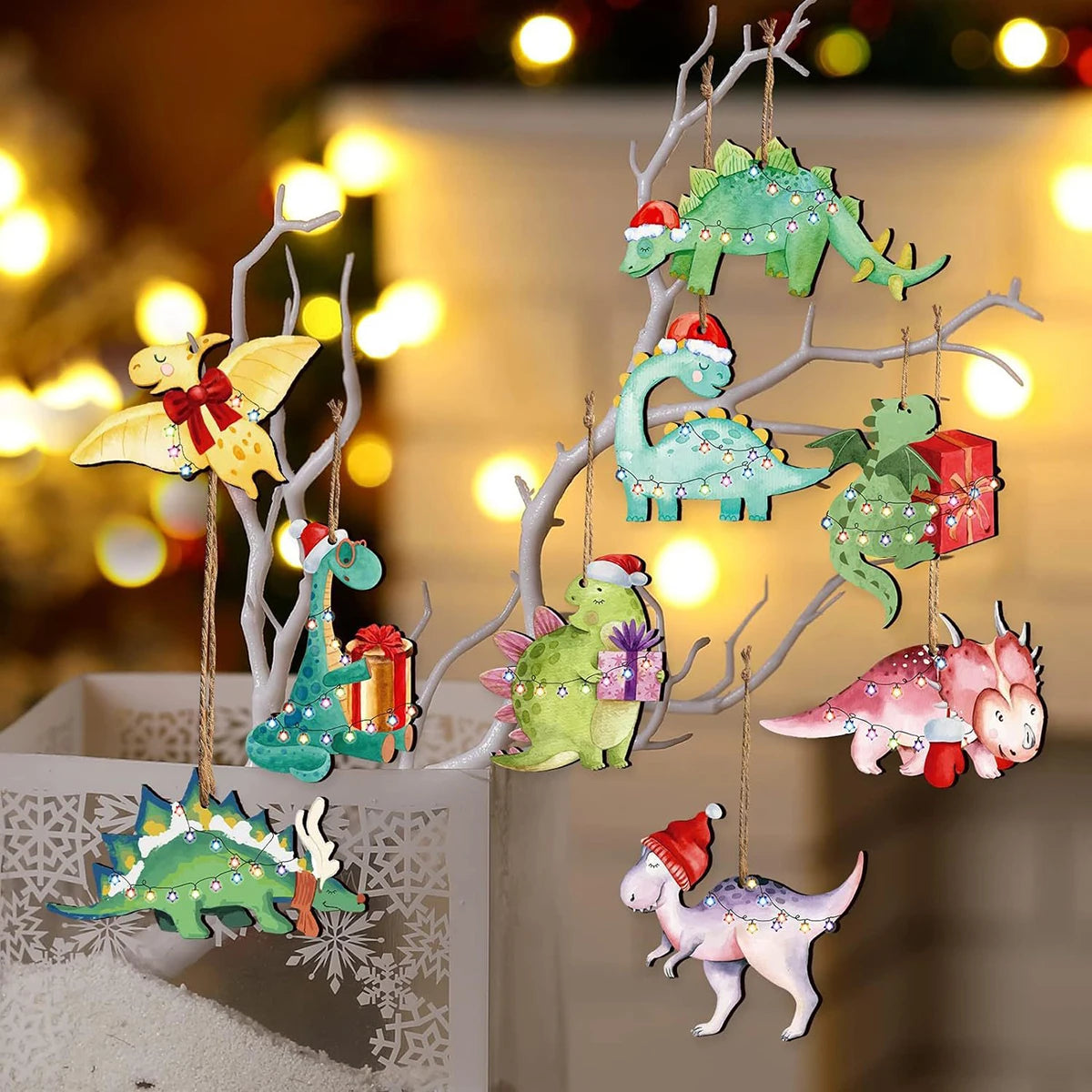 24pcs Christmas Wooden Ornaments Christmas Dinosaur Ornaments Cute Christmas Holiday Decorations Christmas Party Gifts