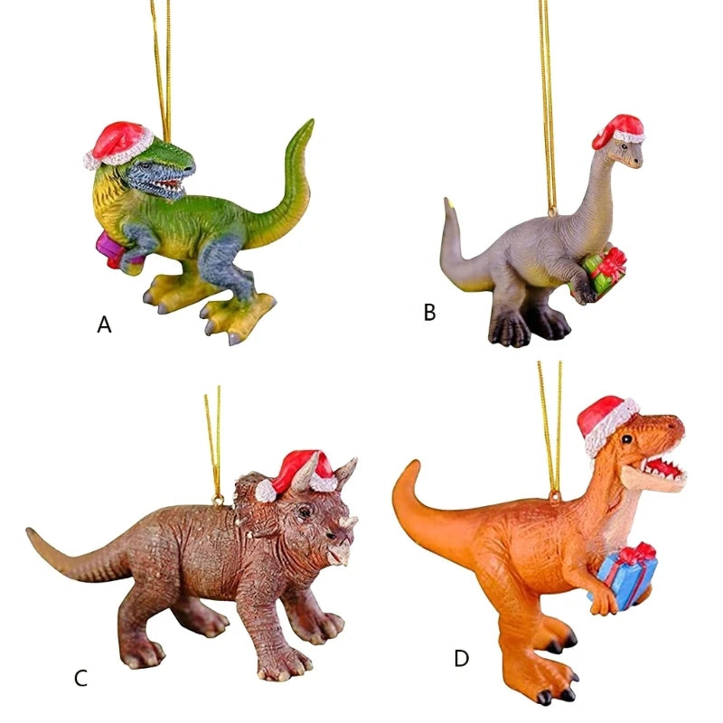 Holiday Ornaments Christmas Tree Decorations Dinosaur in Christmas Hat Figurine Hanging Pendant Gift for Kids