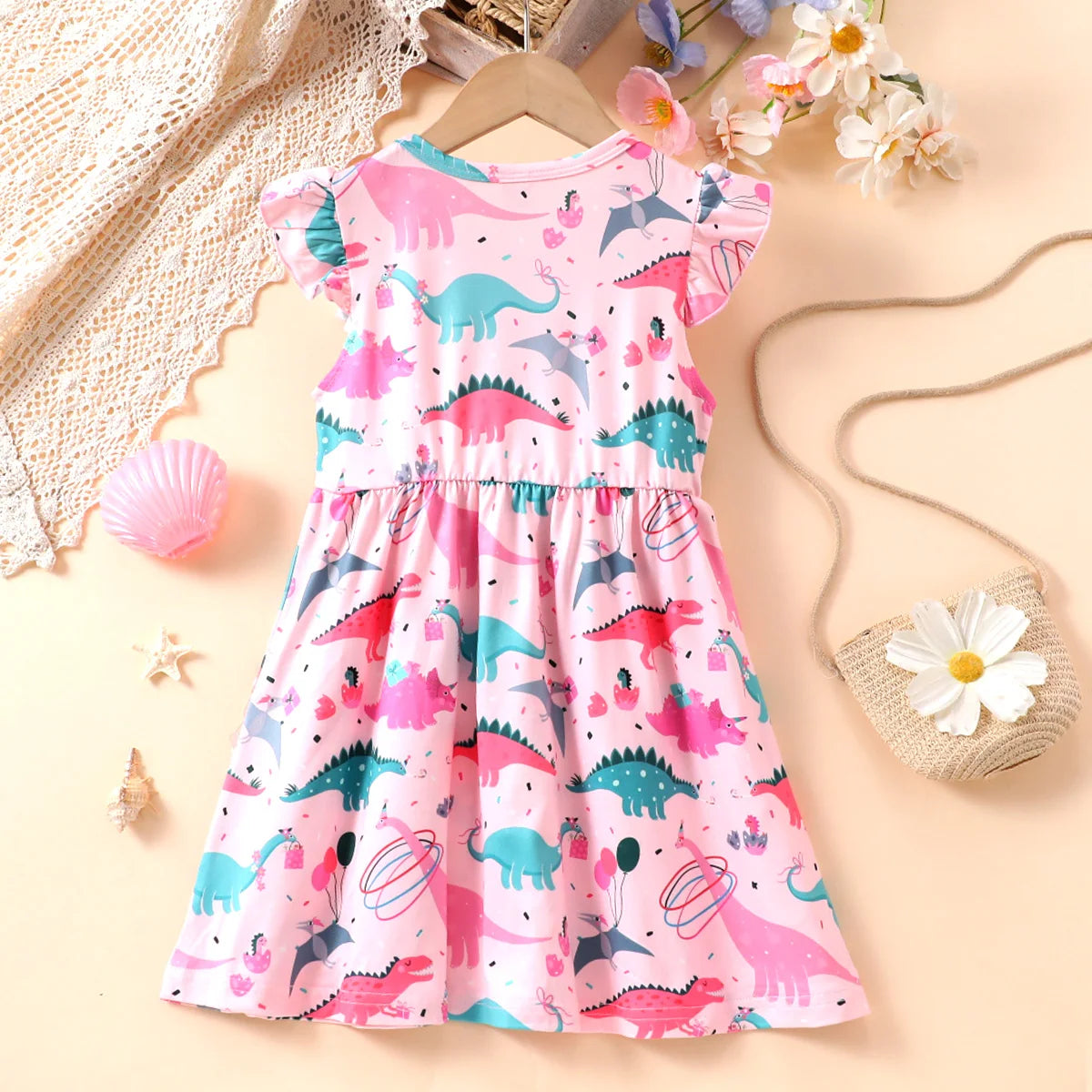 Pink Girl Dresses Dinosaur Print Flying Sleeve Summer Dress 2-8 Years