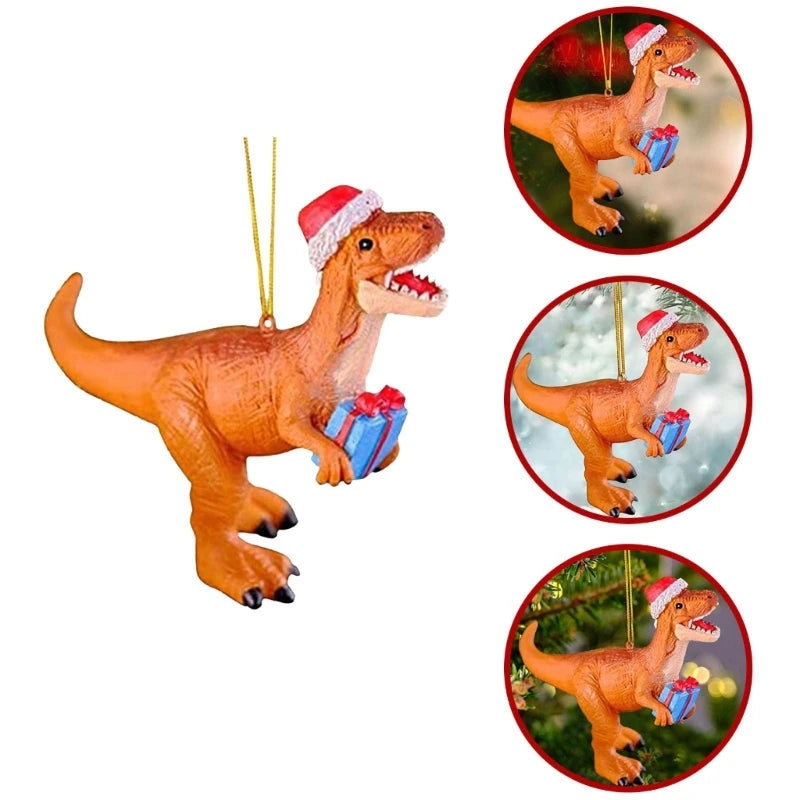 Holiday Ornaments Christmas Tree Decorations Dinosaur in Christmas Hat Figurine Hanging Pendant Gift for Kids