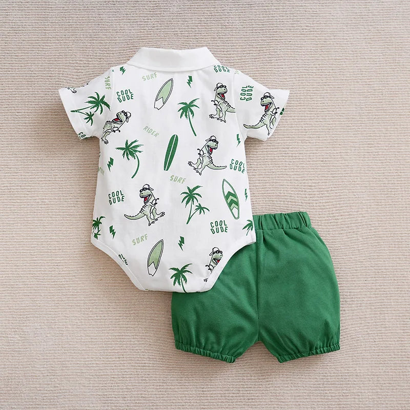 Newborn Baby Summer Outfit – Cotton Short Sleeve Top & Dinosaur Print Pants Set