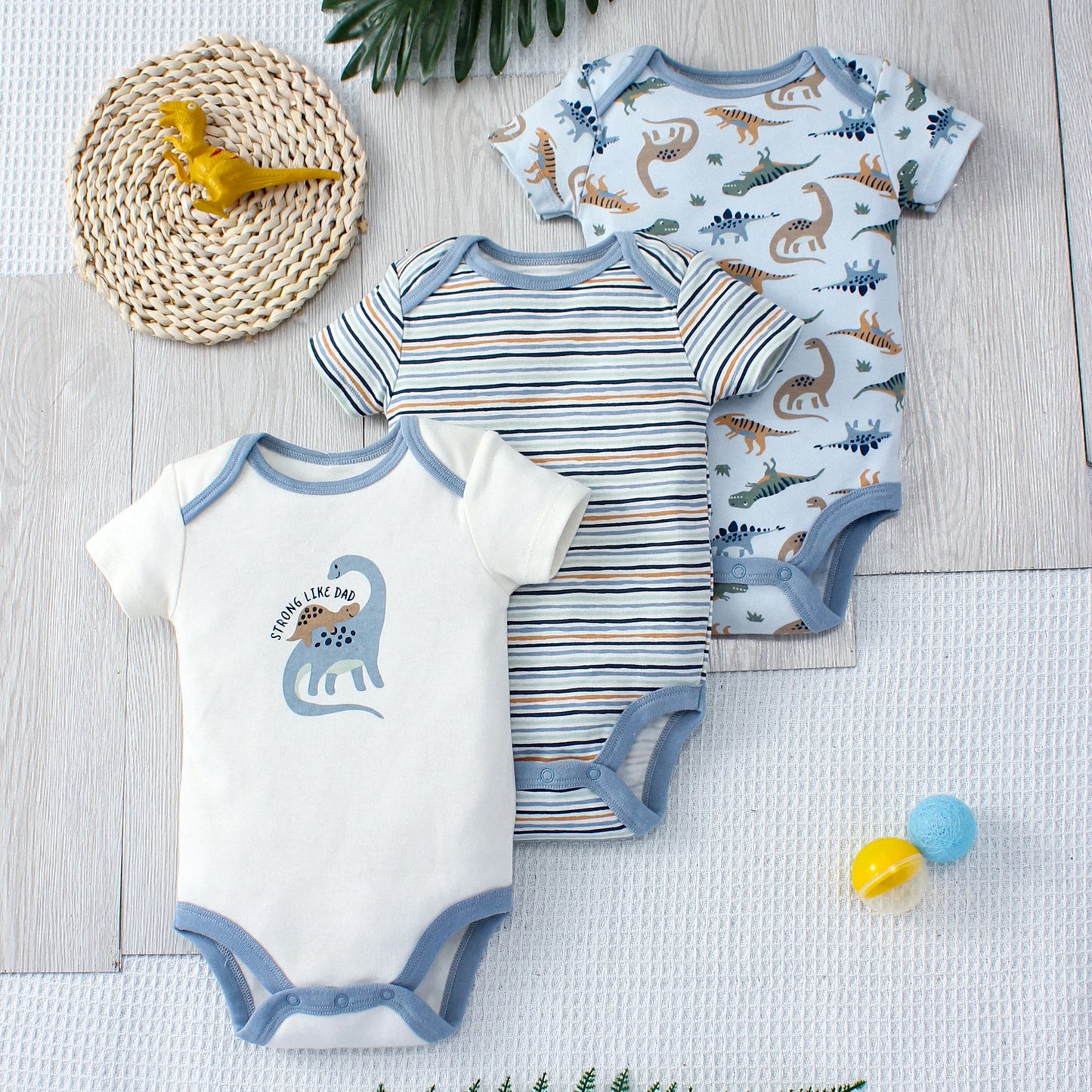 3-Piece Summer Baby Bodysuit Set – Cartoon Dinosaur & Stripe Patterns with Button Design, 0-9 Months