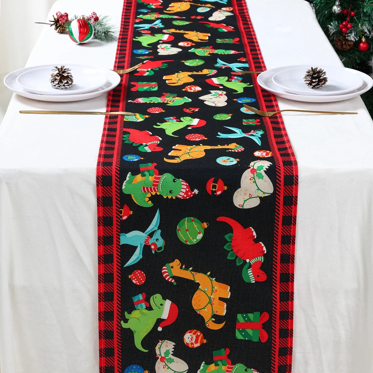 Christmas Dinosaur Table Runner Merry Christmas Decoration For Home 2024 Happy New Year 2025