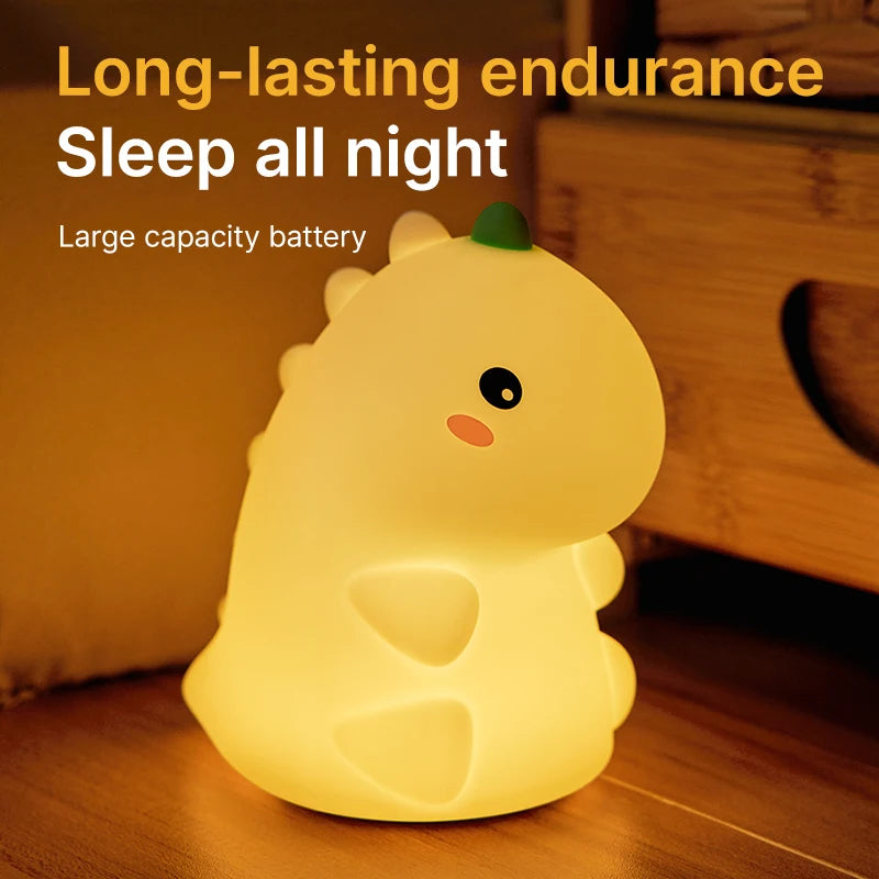 LED Dinosaur Silicone Night Light – USB Rechargeable, Timing Bedside Lamp