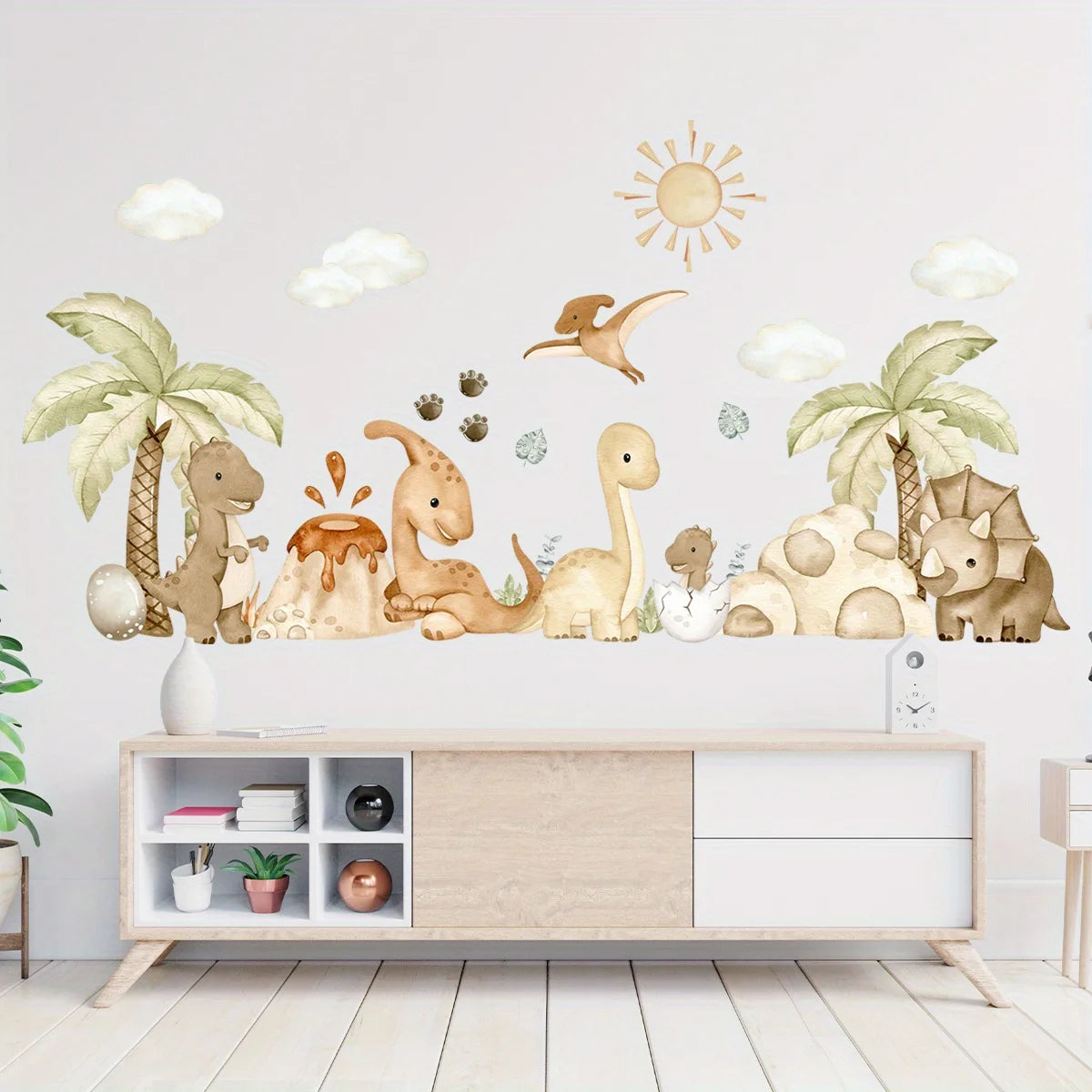 Pastel Beige Cartoon Dinosaur Wall Stickers with Clouds & Sun - Nursery & Bedroom Decor